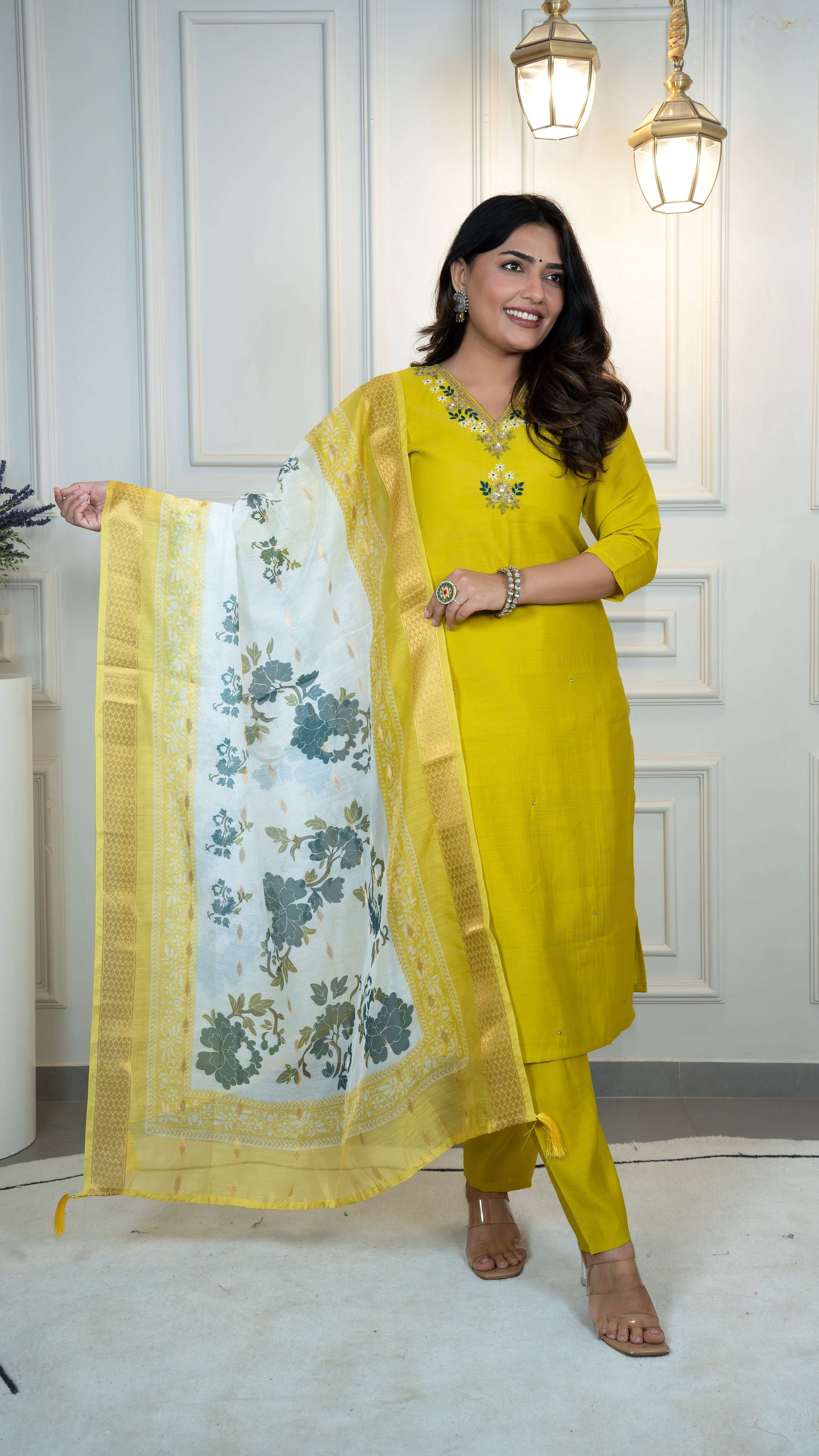 Vedant Vastram Roman Silk Hand Work & Embroidery Work Stitched Kurta Pant Dupatta Set-Yellow - Distacart
