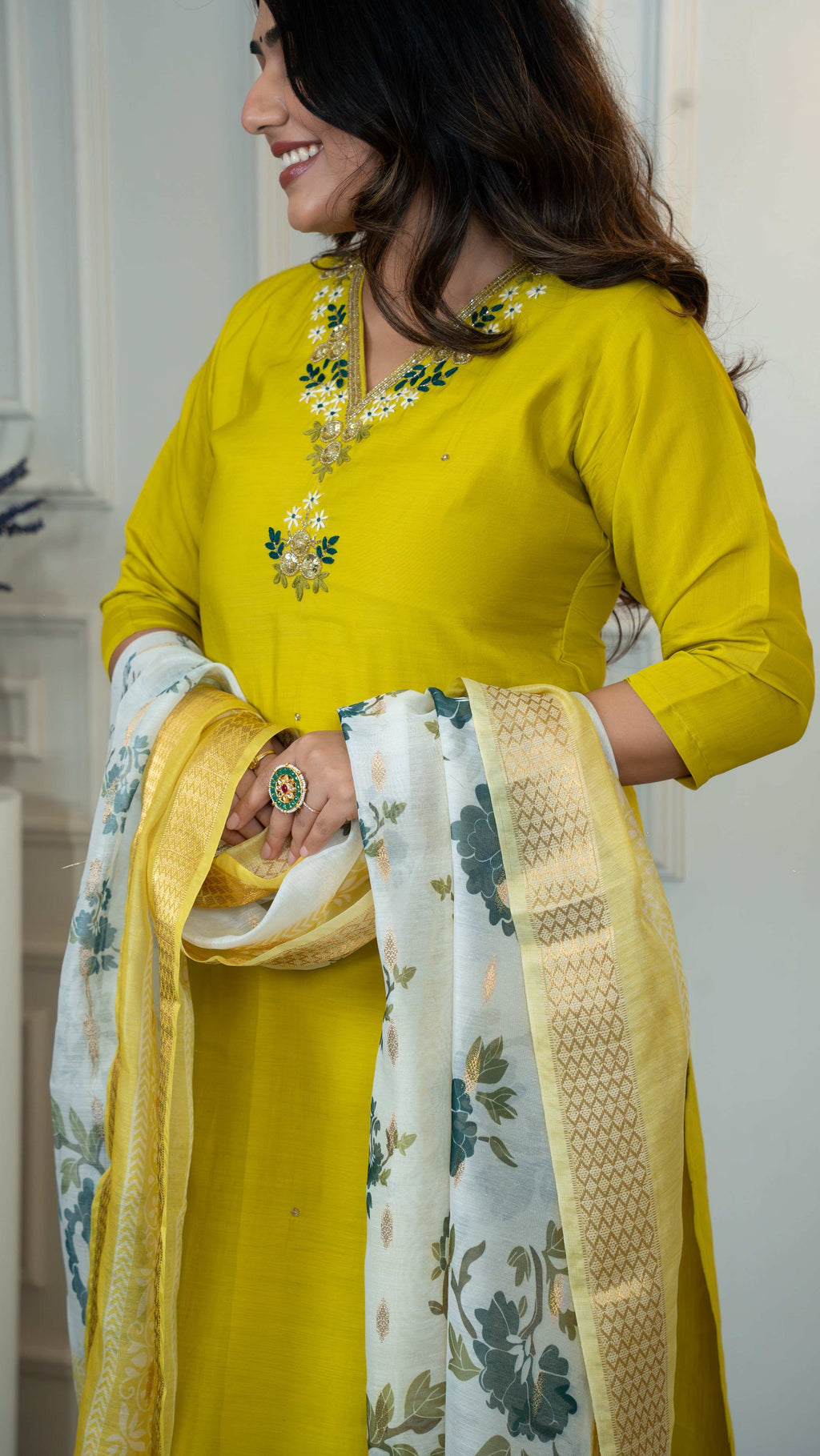 Vedant Vastram Roman Silk Hand Work & Embroidery Work Stitched Kurta Pant Dupatta Set-Yellow - Distacart