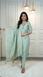 Vedant Vastram Roman Silk Hand Work & Embroidery Work Stitched Kurta Pant Dupatta Set-Sea Green - Distacart
