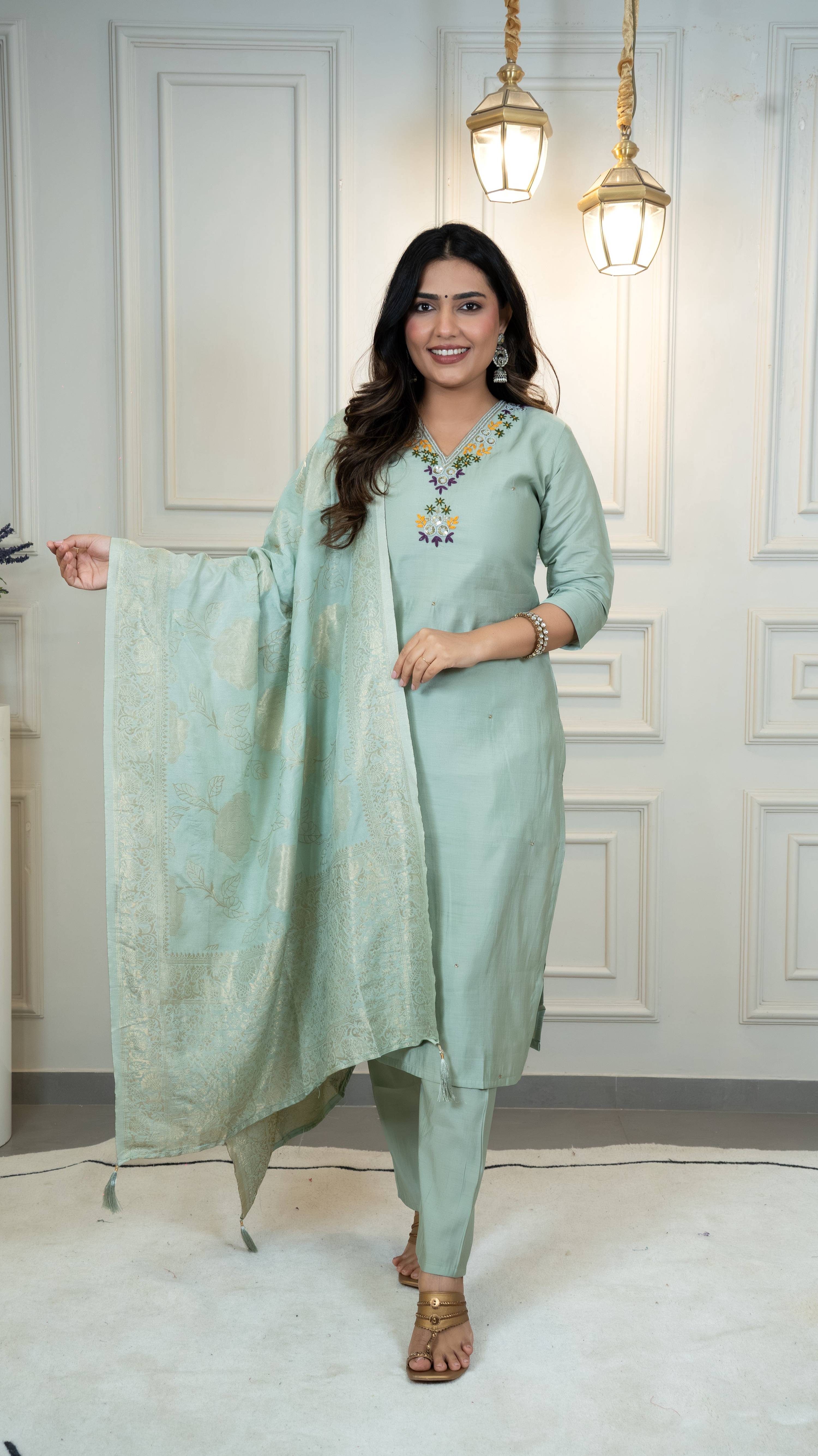 Vedant Vastram Roman Silk Hand Work & Embroidery Work Stitched Kurta Pant Dupatta Set-Sea Green - Distacart