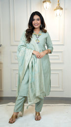 Vedant Vastram Roman Silk Hand Work & Embroidery Work Stitched Kurta Pant Dupatta Set-Sea Green - Distacart