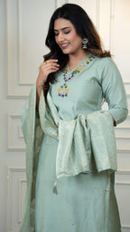 Vedant Vastram Roman Silk Hand Work & Embroidery Work Stitched Kurta Pant Dupatta Set-Sea Green - Distacart