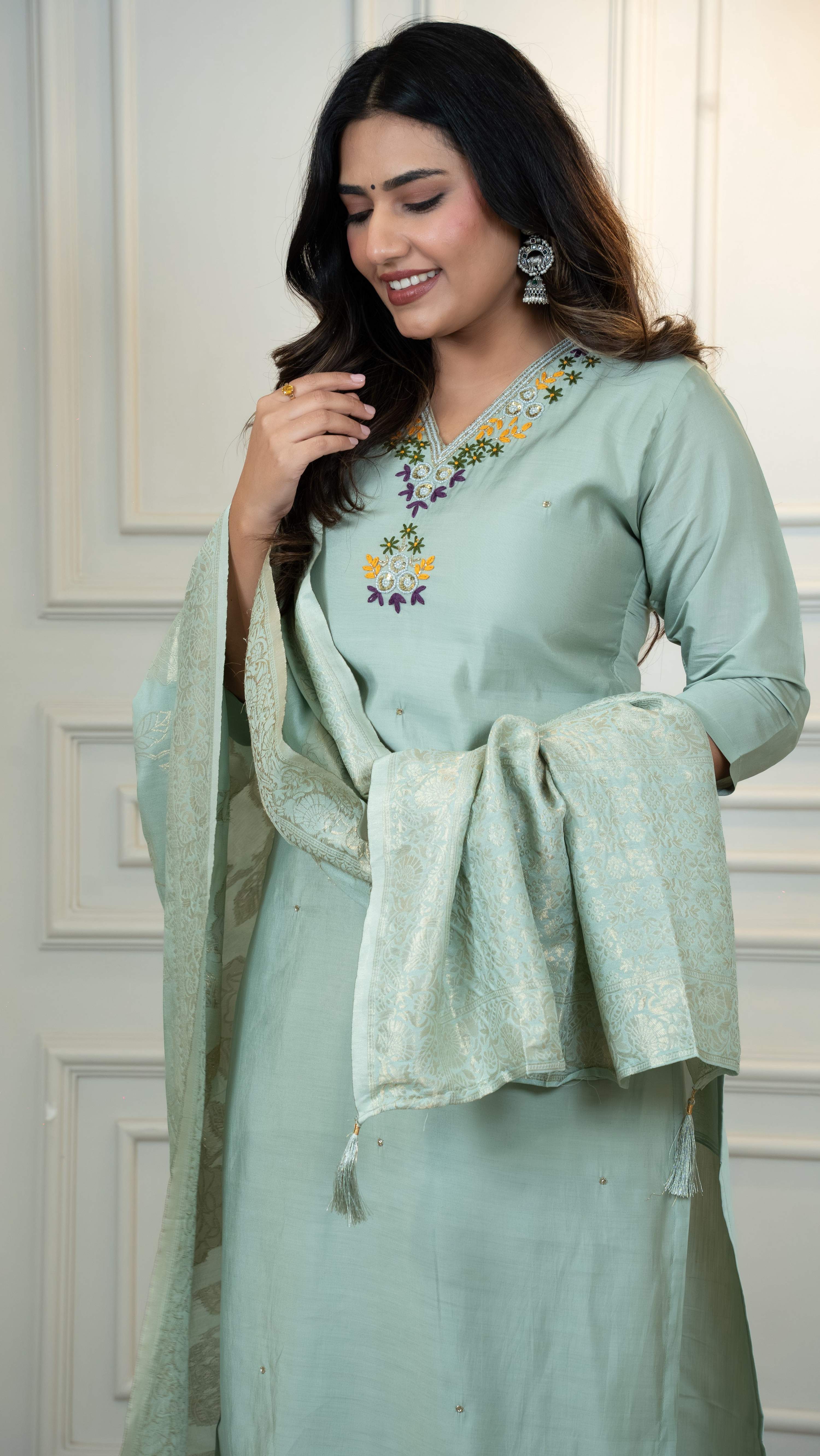 Vedant Vastram Roman Silk Hand Work & Embroidery Work Stitched Kurta Pant Dupatta Set-Sea Green - Distacart