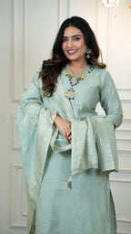 Vedant Vastram Roman Silk Hand Work & Embroidery Work Stitched Kurta Pant Dupatta Set-Sea Green - Distacart