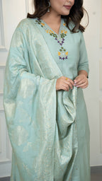 Vedant Vastram Roman Silk Hand Work & Embroidery Work Stitched Kurta Pant Dupatta Set-Sea Green - Distacart
