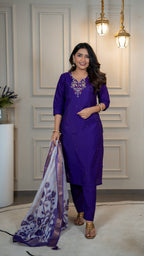 Vedant Vastram Roman Silk Hand Work & Embroidery Work Stitched Kurta Pant Dupatta Set-Purple - Distacart