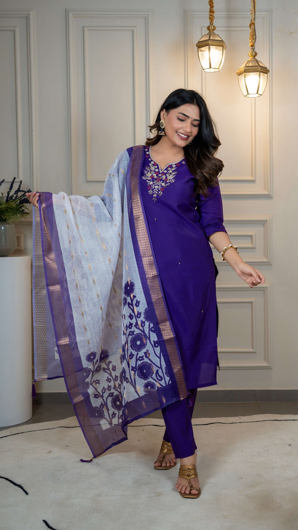 Vedant Vastram Roman Silk Hand Work & Embroidery Work Stitched Kurta Pant Dupatta Set-Purple - Distacart
