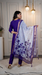 Vedant Vastram Roman Silk Hand Work & Embroidery Work Stitched Kurta Pant Dupatta Set-Purple - Distacart