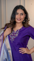 Vedant Vastram Roman Silk Hand Work & Embroidery Work Stitched Kurta Pant Dupatta Set-Purple - Distacart