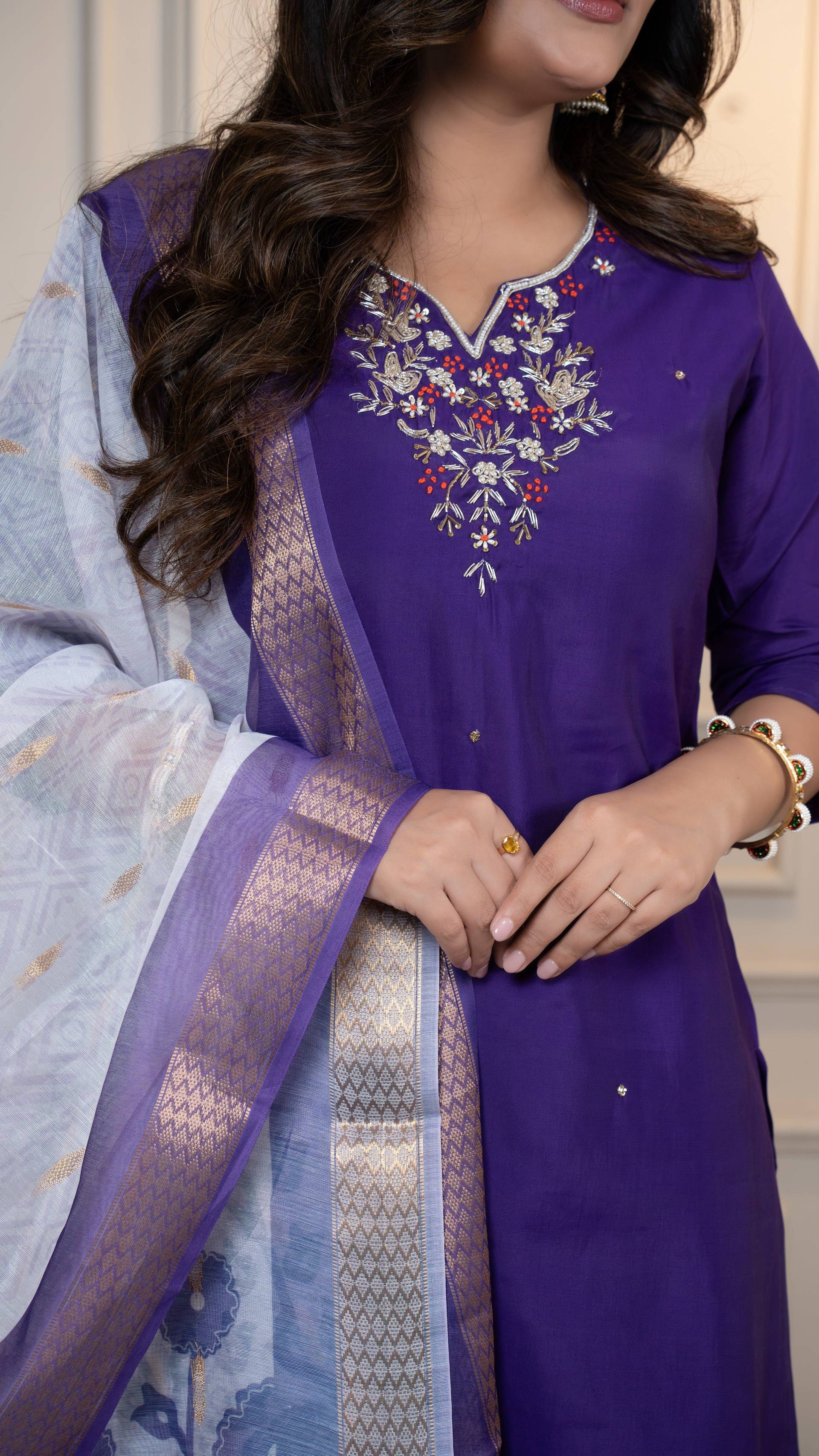Vedant Vastram Roman Silk Hand Work & Embroidery Work Stitched Kurta Pant Dupatta Set-Purple - Distacart