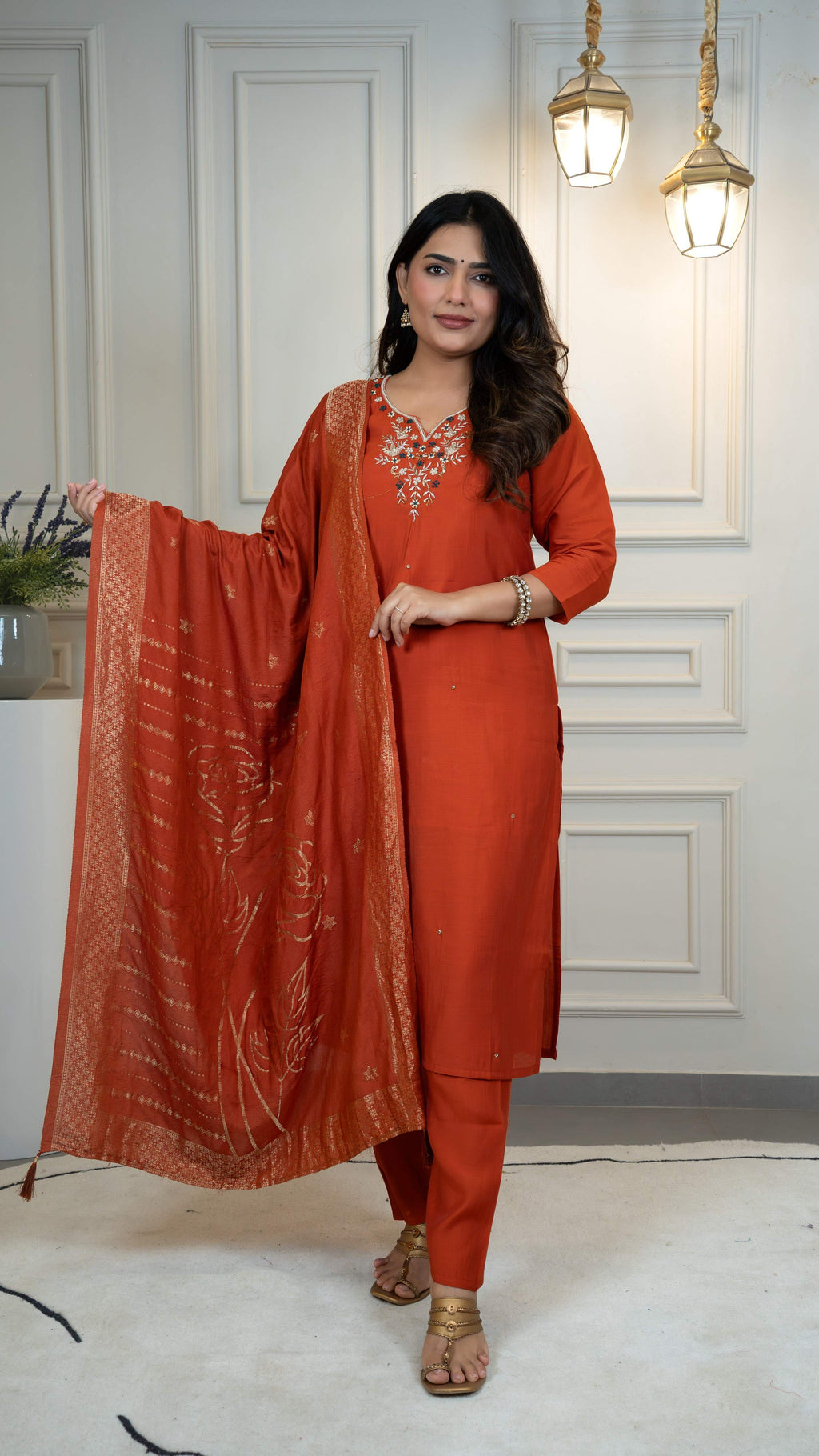 Vedant Vastram Roman Silk Hand Work & Embroidery Work Stitched Kurta Pant Dupatta Set-Rust - Distacart