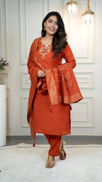 Vedant Vastram Roman Silk Hand Work & Embroidery Work Stitched Kurta Pant Dupatta Set-Rust - Distacart