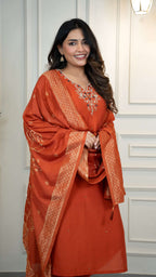 Vedant Vastram Roman Silk Hand Work & Embroidery Work Stitched Kurta Pant Dupatta Set-Rust - Distacart