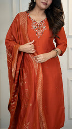 Vedant Vastram Roman Silk Hand Work & Embroidery Work Stitched Kurta Pant Dupatta Set-Rust - Distacart