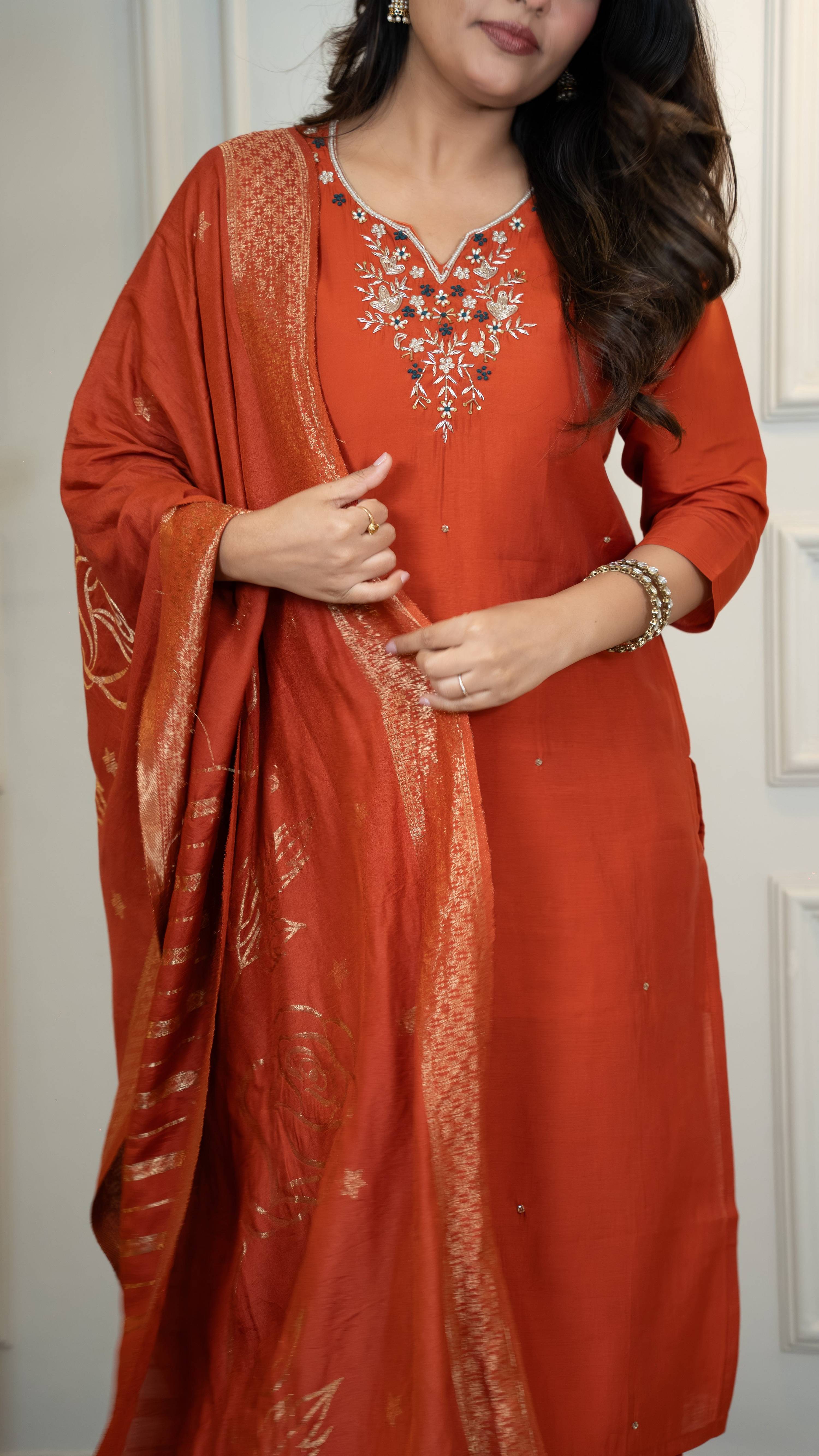 Vedant Vastram Roman Silk Hand Work & Embroidery Work Stitched Kurta Pant Dupatta Set-Rust - Distacart