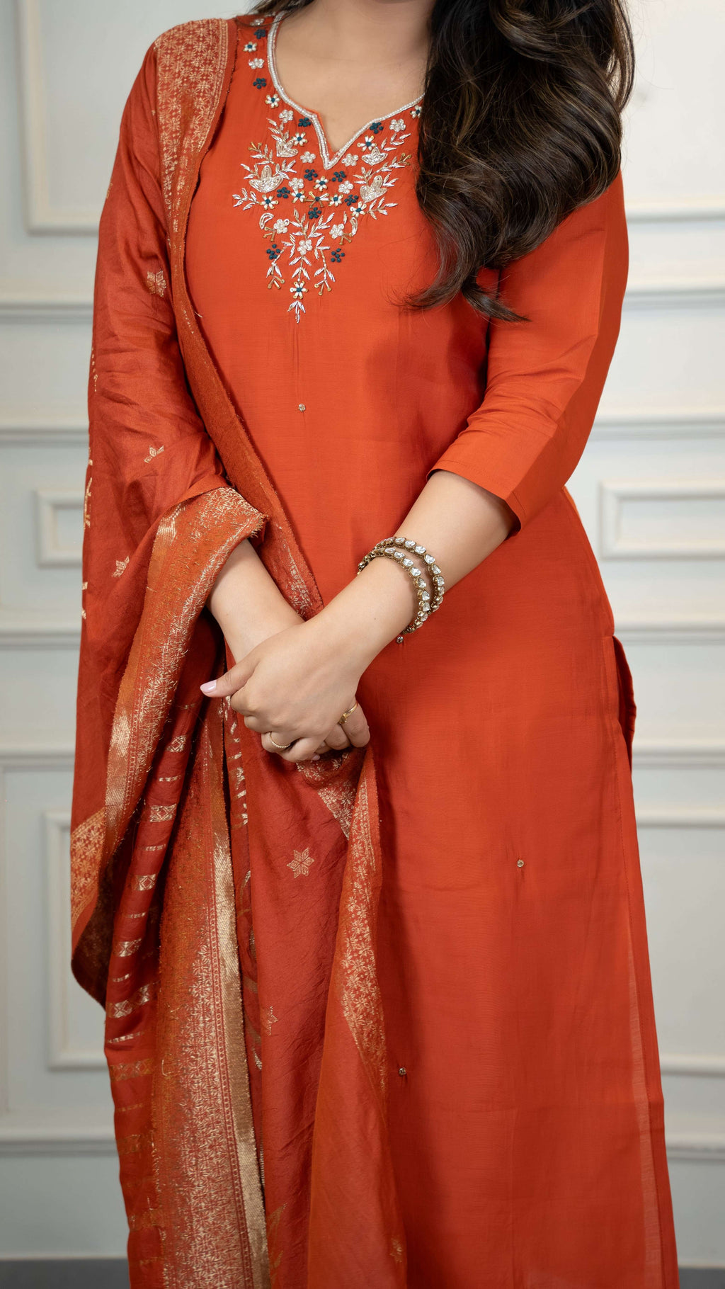 Vedant Vastram Roman Silk Hand Work & Embroidery Work Stitched Kurta Pant Dupatta Set-Rust - Distacart