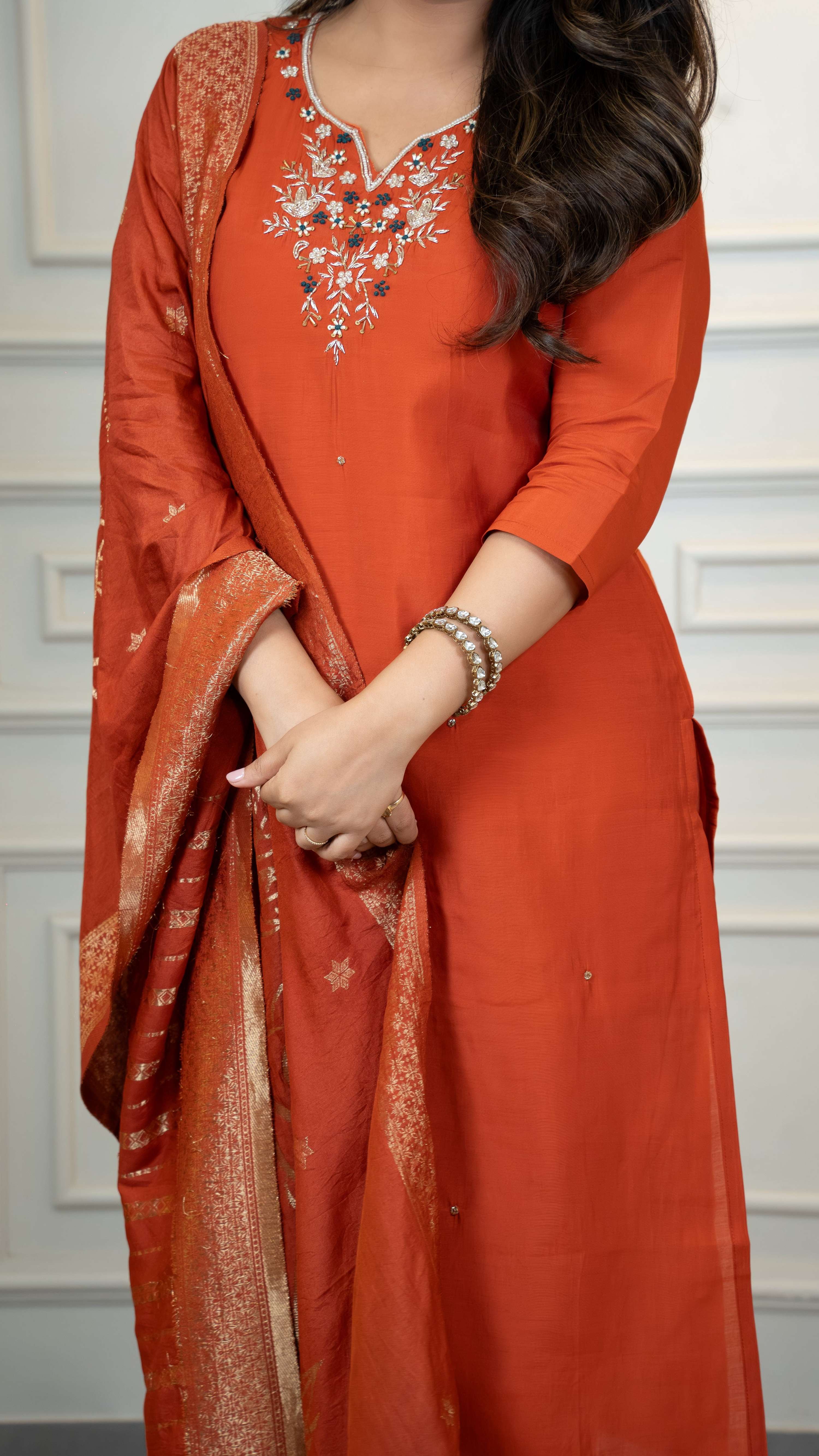 Vedant Vastram Roman Silk Hand Work & Embroidery Work Stitched Kurta Pant Dupatta Set-Rust - Distacart