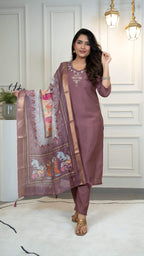 Vedant Vastram Roman Silk Hand Work & Embroidery Work Stitched Kurta Pant Dupatta Set-Burgundy - Distacart