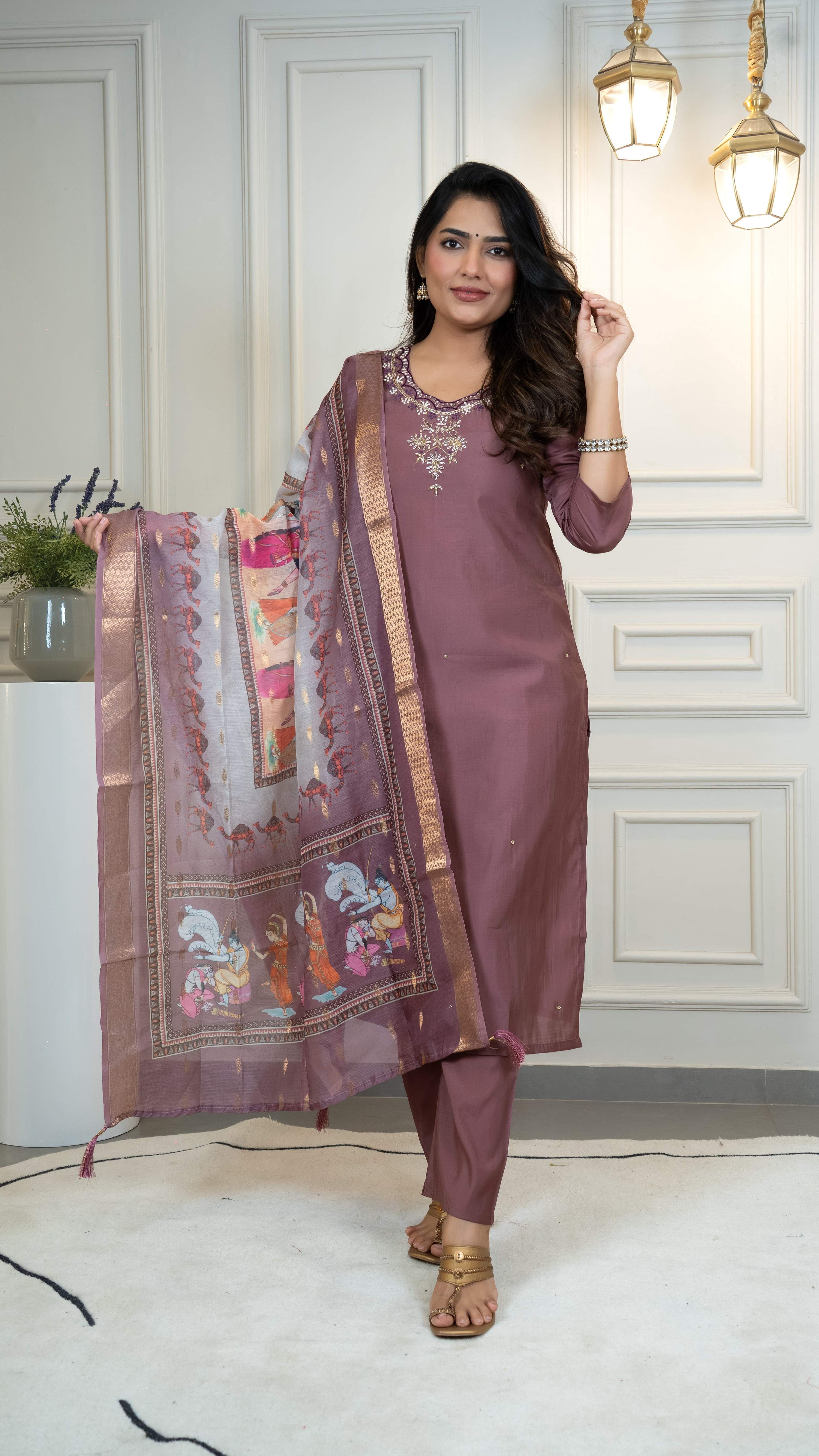 Vedant Vastram Roman Silk Hand Work & Embroidery Work Stitched Kurta Pant Dupatta Set-Burgundy - Distacart