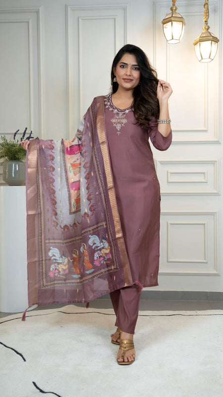Vedant Vastram Roman Silk Hand Work & Embroidery Work Stitched Kurta Pant Dupatta Set-Burgundy