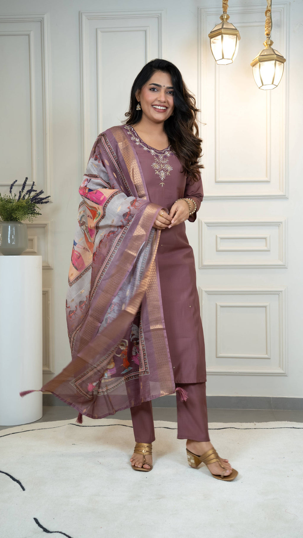 Vedant Vastram Roman Silk Hand Work & Embroidery Work Stitched Kurta Pant Dupatta Set-Burgundy - Distacart
