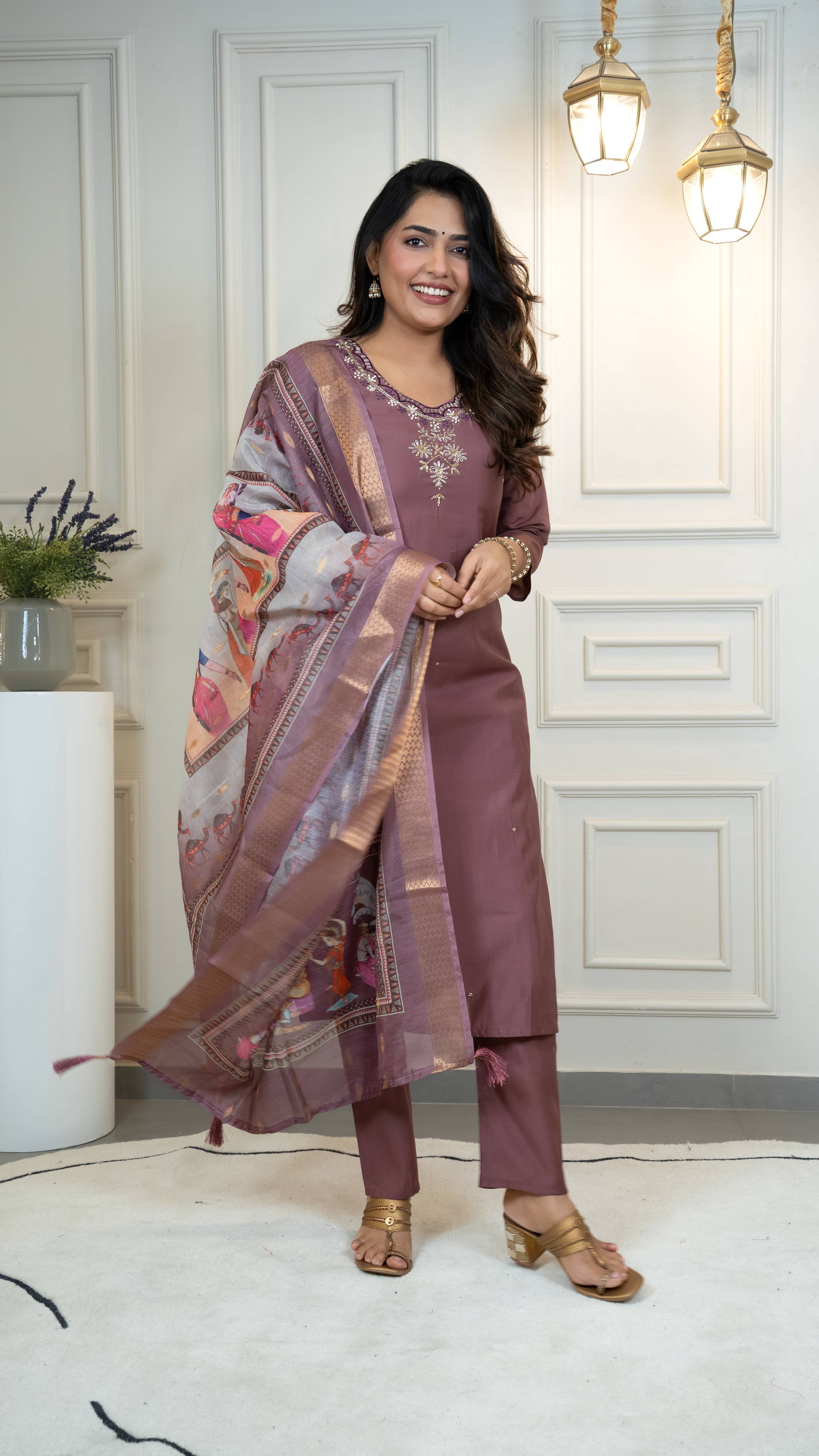 Vedant Vastram Roman Silk Hand Work & Embroidery Work Stitched Kurta Pant Dupatta Set-Burgundy - Distacart