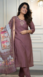 Vedant Vastram Roman Silk Hand Work & Embroidery Work Stitched Kurta Pant Dupatta Set-Burgundy - Distacart