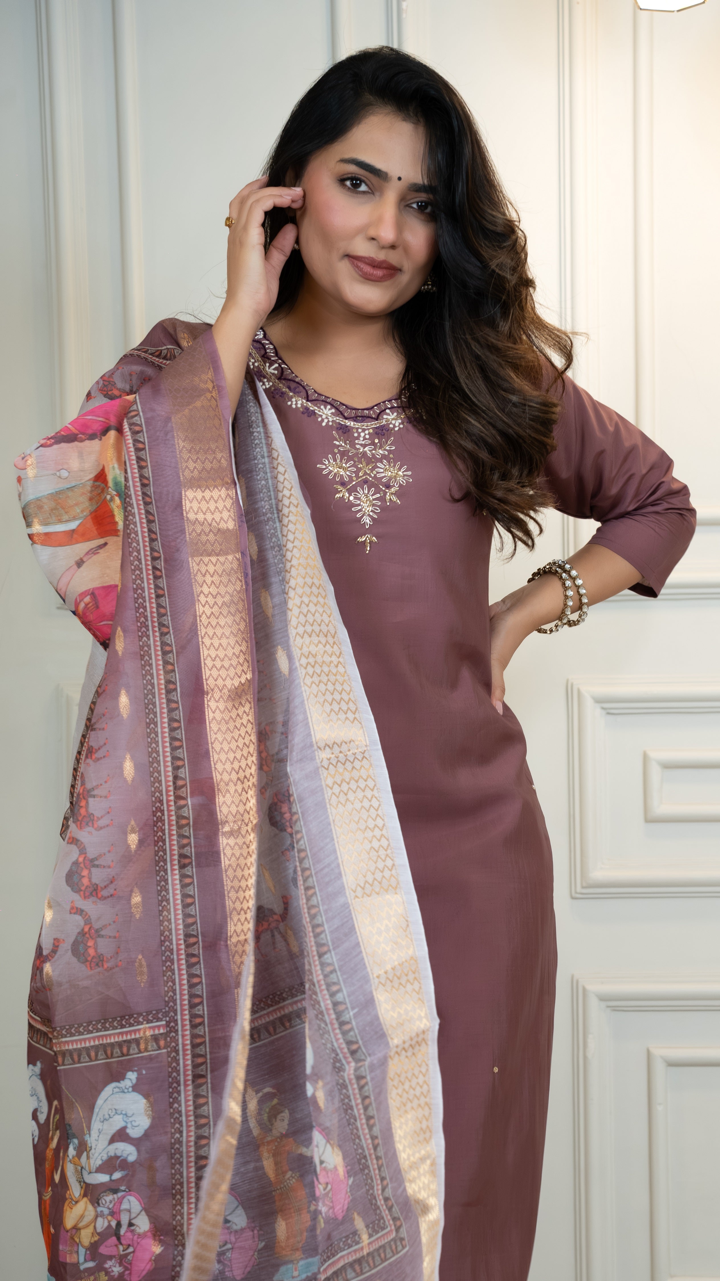 Vedant Vastram Roman Silk Hand Work & Embroidery Work Stitched Kurta Pant Dupatta Set-Burgundy - Distacart