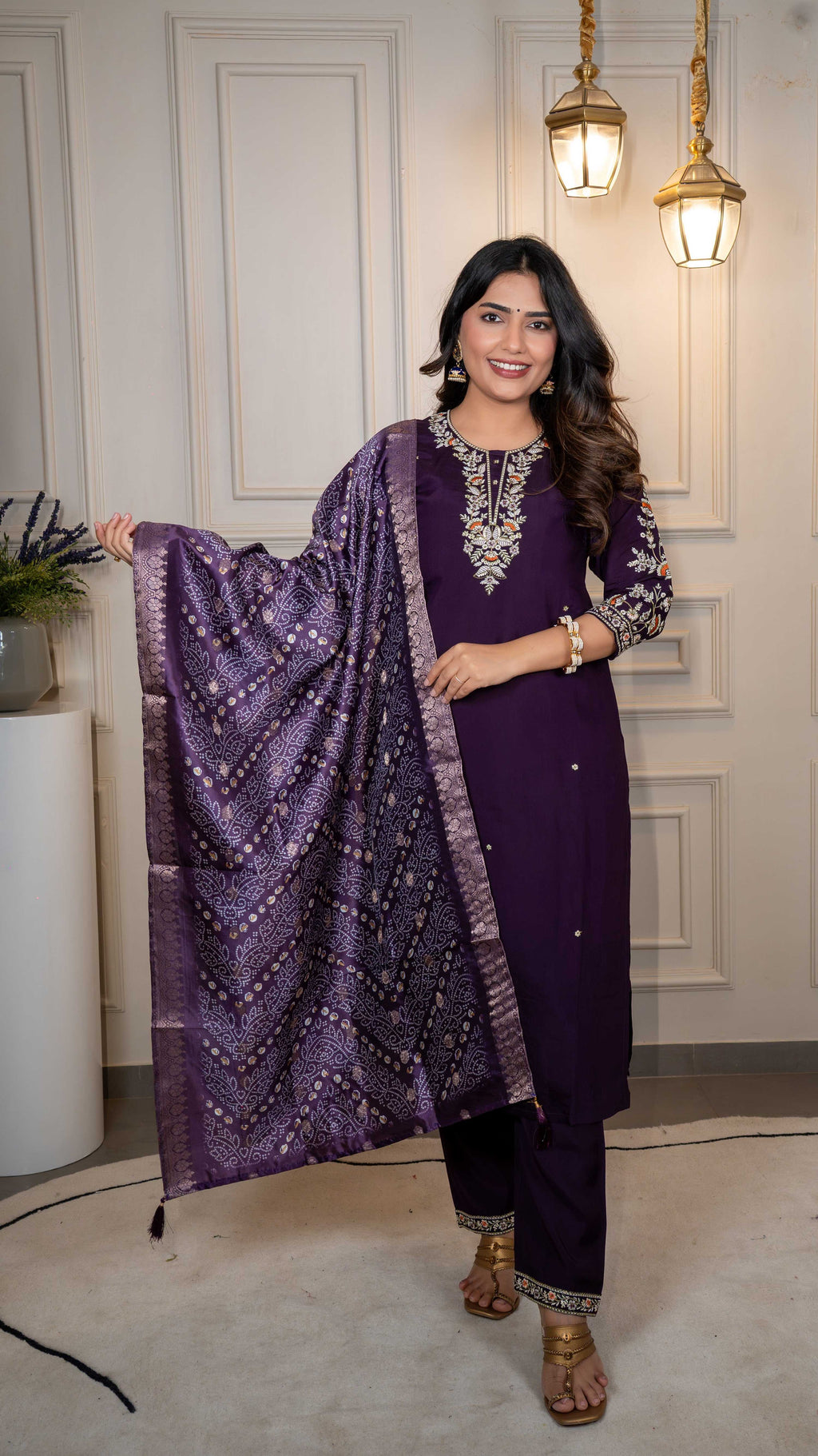 Vedant Vastram Roman Silk Hand Work & Embroidery Work Stitched Kurta Pant Dupatta Set-Purple - Distacart