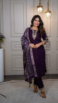 Vedant Vastram Roman Silk Hand Work & Embroidery Work Stitched Kurta Pant Dupatta Set-Purple - Distacart