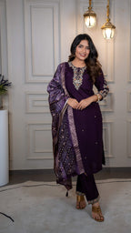 Vedant Vastram Roman Silk Hand Work & Embroidery Work Stitched Kurta Pant Dupatta Set-Purple - Distacart