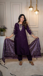 Vedant Vastram Roman Silk Hand Work & Embroidery Work Stitched Kurta Pant Dupatta Set-Purple - Distacart