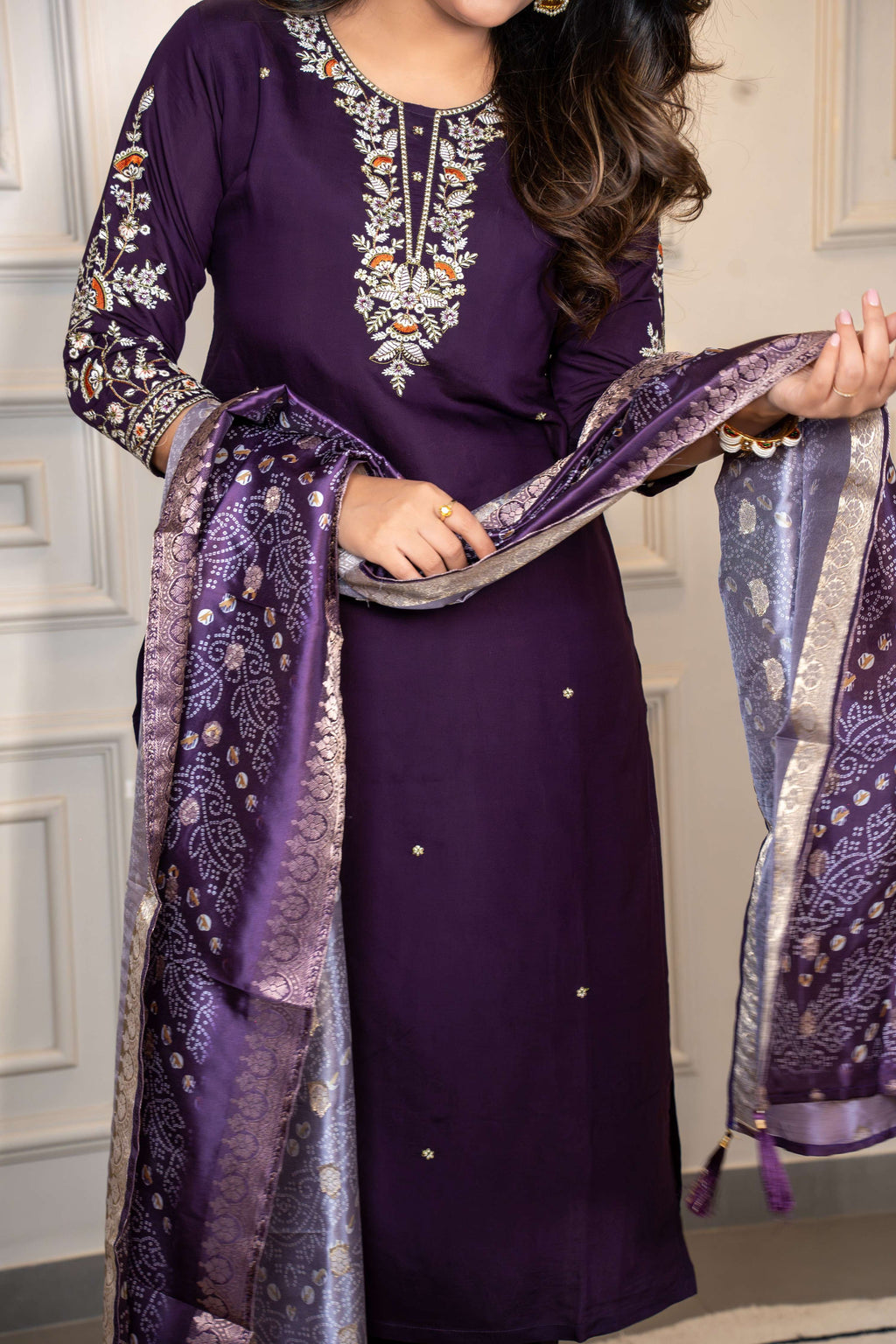 Vedant Vastram Roman Silk Hand Work & Embroidery Work Stitched Kurta Pant Dupatta Set-Purple - Distacart