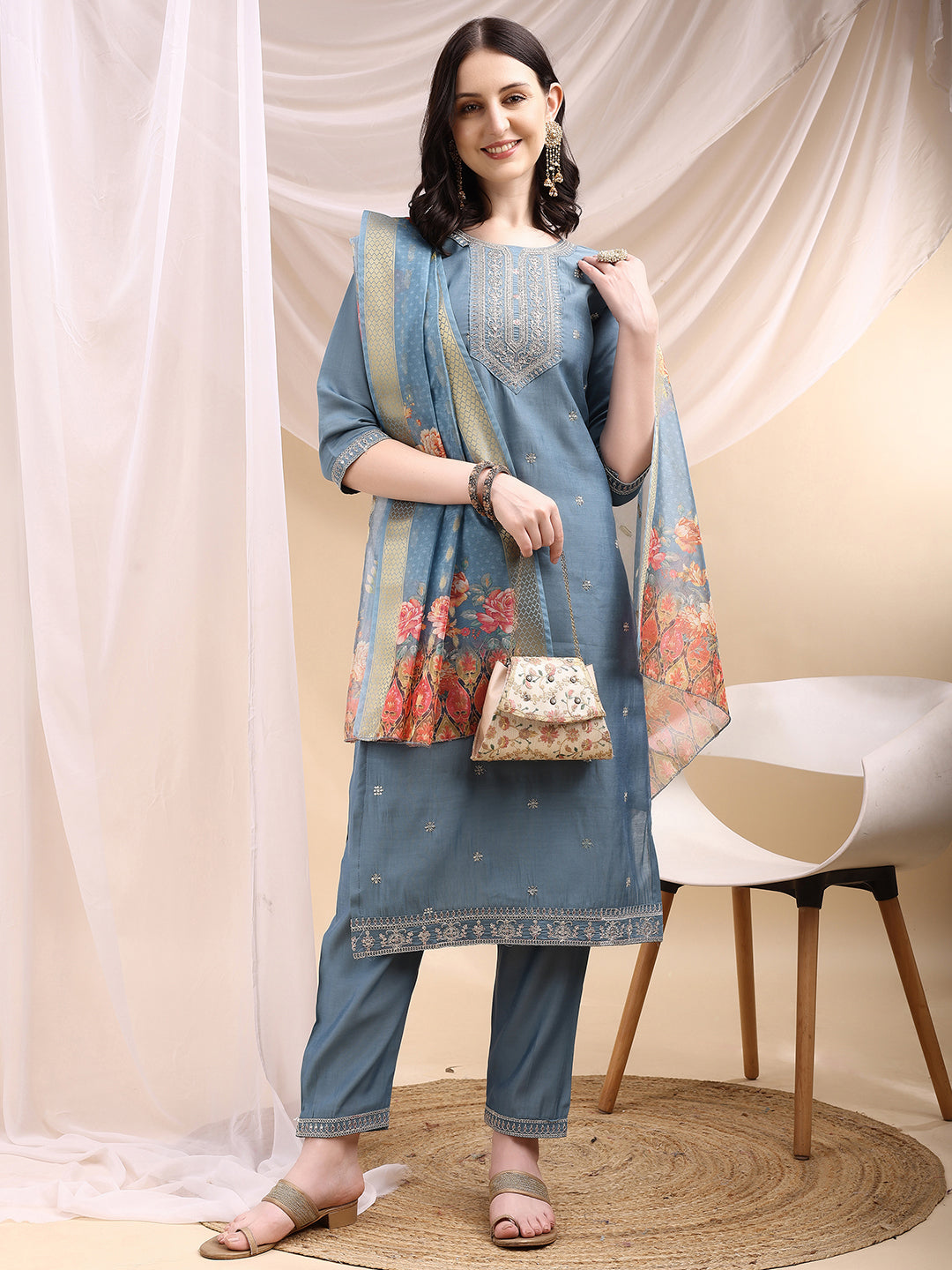 Sequined Embroidered Kurta With Pant & Printed Dupatta, Turquoise - Hiral Fashion - Distacart