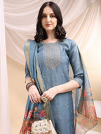 Sequined Embroidered Kurta With Pant & Printed Dupatta, Turquoise - Hiral Fashion - Distacart