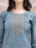 Sequined Embroidered Kurta With Pant & Printed Dupatta, Turquoise - Hiral Fashion - Distacart