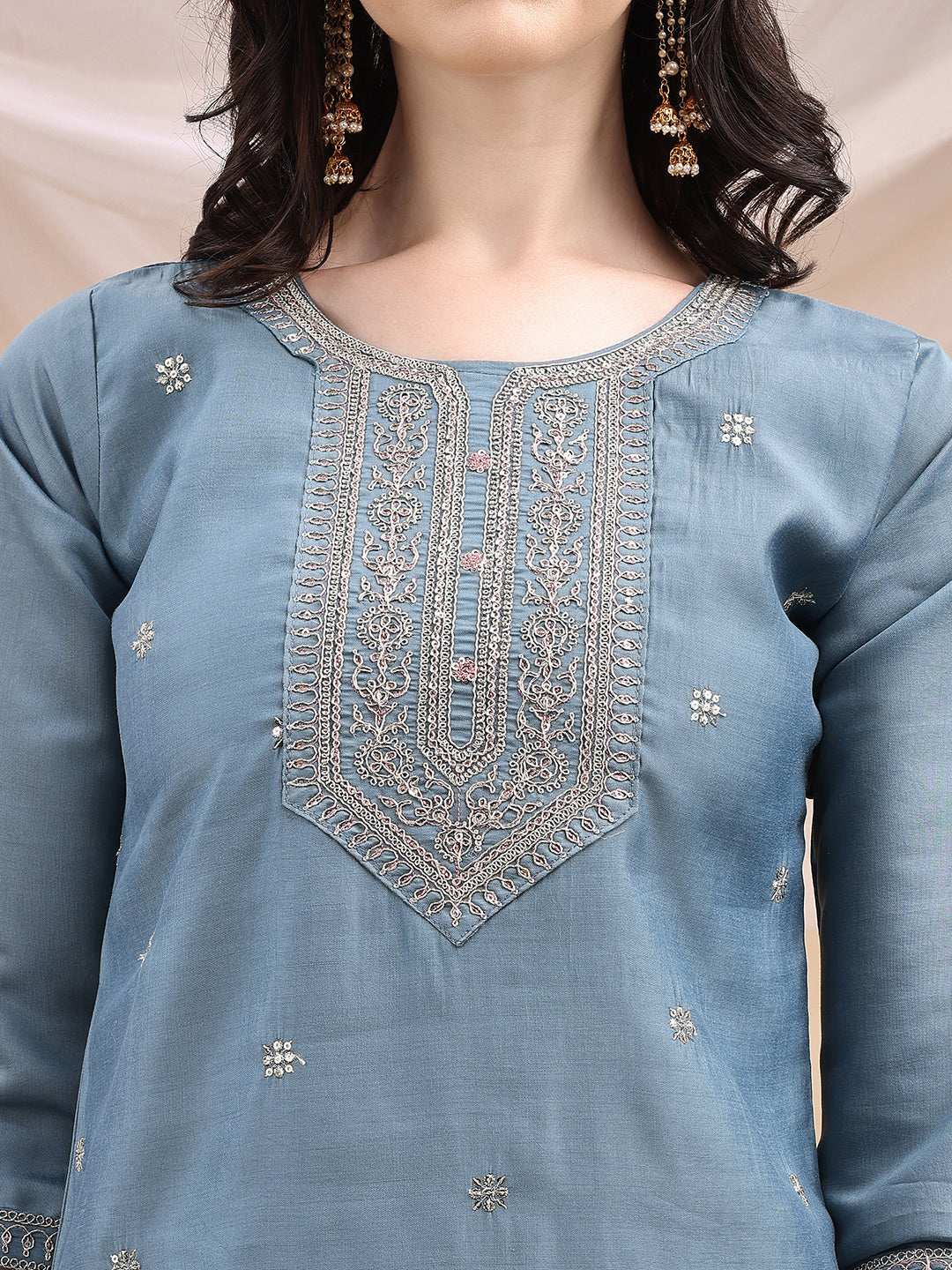 Sequined Embroidered Kurta With Pant & Printed Dupatta, Turquoise - Hiral Fashion - Distacart