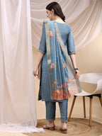 Sequined Embroidered Kurta With Pant & Printed Dupatta, Turquoise - Hiral Fashion - Distacart