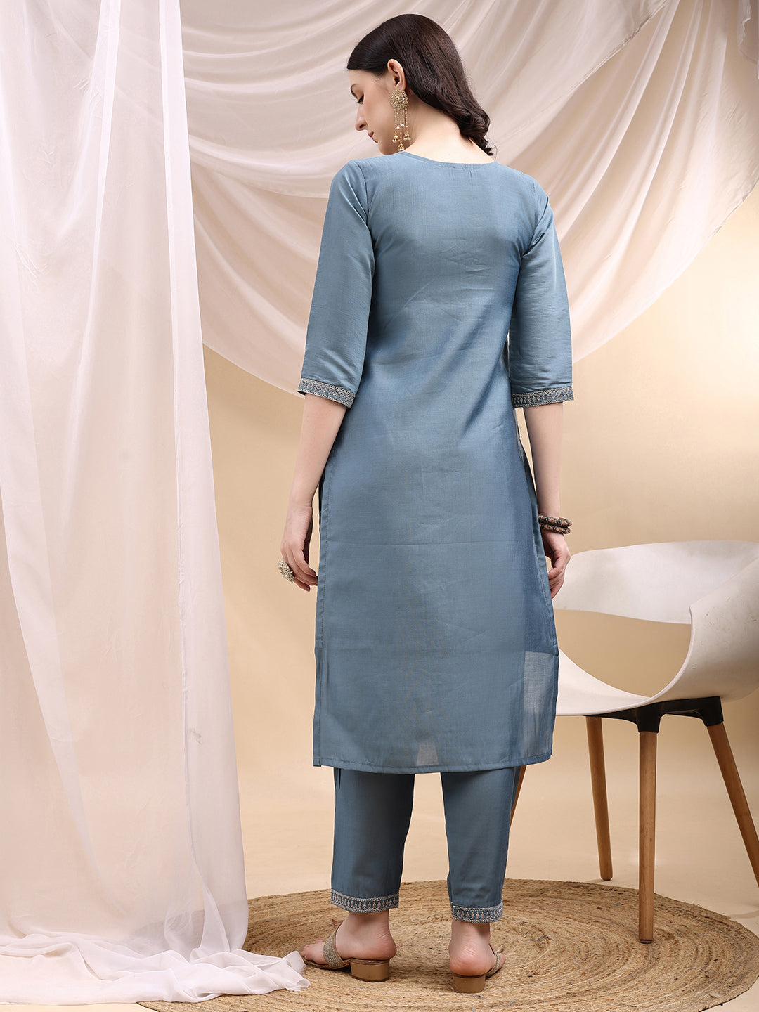 Sequined Embroidered Kurta With Pant & Printed Dupatta, Turquoise - Hiral Fashion - Distacart