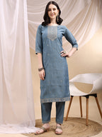 Sequined Embroidered Kurta With Pant & Printed Dupatta, Turquoise - Hiral Fashion - Distacart