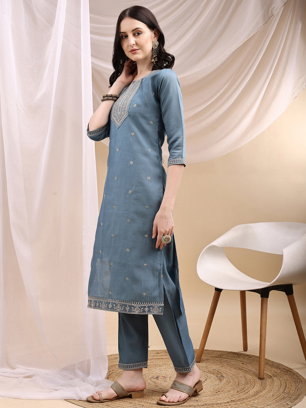 Sequined Embroidered Kurta With Pant & Printed Dupatta, Turquoise - Hiral Fashion - Distacart