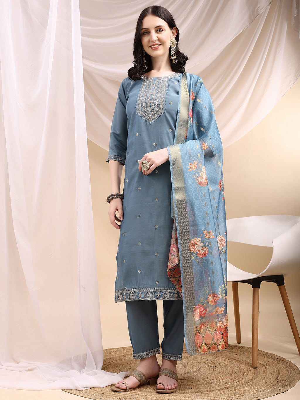Sequined Embroidered Kurta With Pant & Printed Dupatta, Turquoise - Hiral Fashion - Distacart