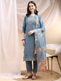Sequined Embroidered Kurta With Pant & Printed Dupatta, Turquoise - Hiral Fashion - Distacart