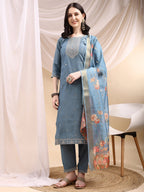 Sequined Embroidered Kurta With Pant & Printed Dupatta, Turquoise - Hiral Fashion - Distacart