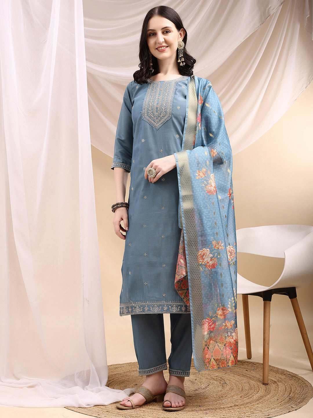 Sequined Embroidered Kurta With Pant & Printed Dupatta, Turquoise - Hiral Fashion - Distacart