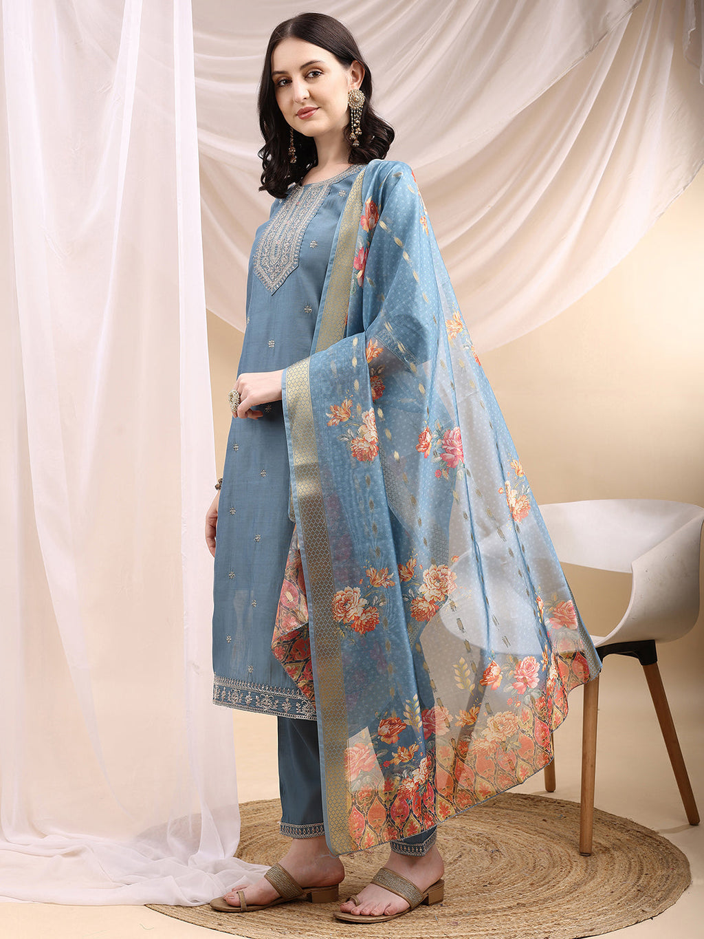 Sequined Embroidered Kurta With Pant & Printed Dupatta, Turquoise - Hiral Fashion - Distacart