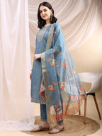 Sequined Embroidered Kurta With Pant & Printed Dupatta, Turquoise - Hiral Fashion - Distacart