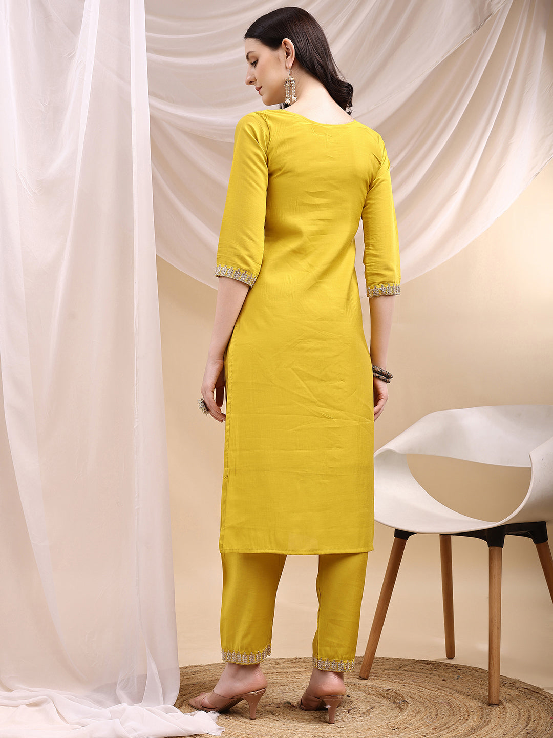 Sequined Embroidered Kurta With Pant & Printed Dupatta, Yellow - Hiral Fashion - Distacart