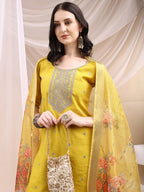 Sequined Embroidered Kurta With Pant & Printed Dupatta, Yellow - Hiral Fashion - Distacart