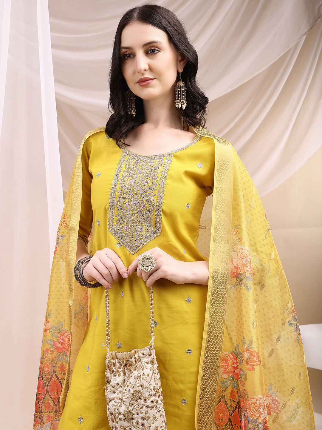 Sequined Embroidered Kurta With Pant & Printed Dupatta, Yellow - Hiral Fashion - Distacart